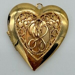 Vintage Gold Tone Heart Locket Filigree Monogram Pendant Romantic Jewelry